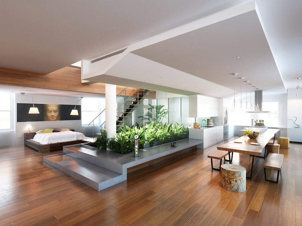 Bright open-plan living space with timber floors and a landscaped courtyard